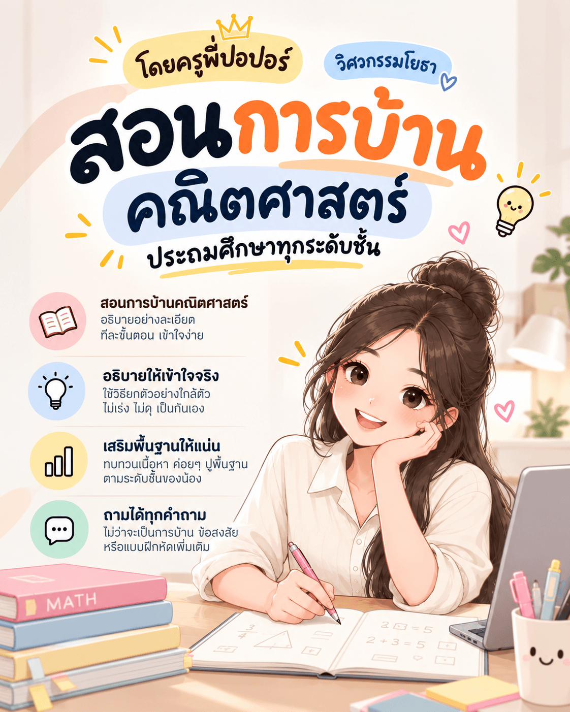 สอนการบ้านคณิต ระดับประถมศึกษาทุกชั้นปี